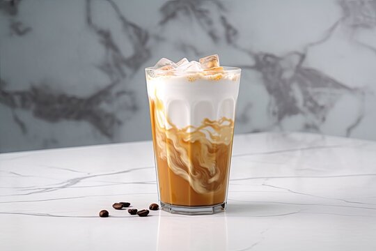 coffee from Dalgona. Trendy milk and coffee foam infused whipped drink that is served iced. trendy beverage during the Covid 19 self quarantine and stay at home philosophy. Generative AI
