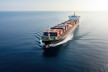 Aerial view of a large, heavy loaded container cargo ship - obrazy, fototapety, plakaty