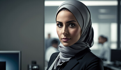 Portrait of ethnic Muslim American Business woman in office, generative ai