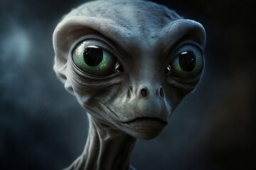Profile shot of an extraterrestrial Generative AI illustration of a green-eyed alien with bluish-gray skin. large eyes and a mouth-closed Dark blue background with soft light.