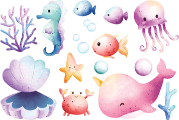 Watercolor Illustration set of cute sea creature