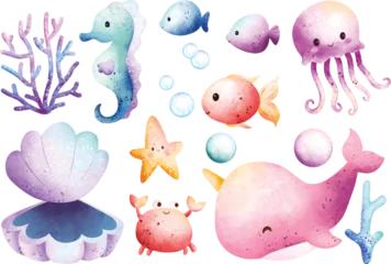Papier Peint photo Lavable Vie marine Watercolor Illustration set of cute sea creature