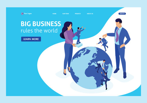 Isometric Big Boss Chooses Small People And Places Them Around The World. Website Template Landing Page