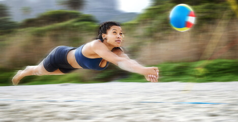 Beach volleyball, diving or sports girl playing a game in training or fitness workout in summer....