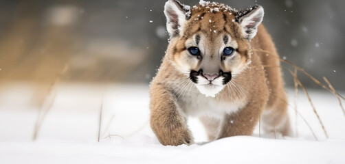 Obraz premium Cute baby cougar in the snow, image created with generative ai. 