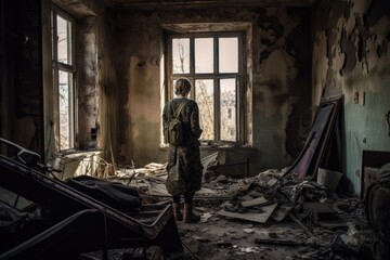 IA generated a back view of a woman looking at a room in her old house completely destroyed by the war.