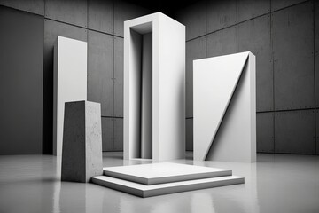 Abstract modern showroom interior design. White podium on an empty floor with a concrete wall backdrop. Generative AI