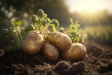 fresh ripe potatoes lie in the garden, generative AI