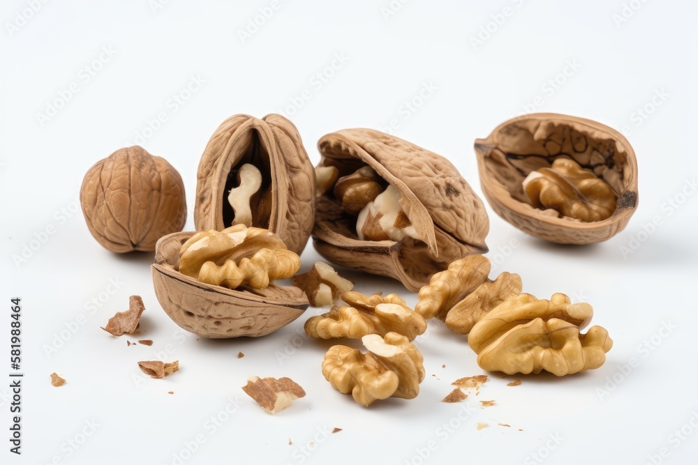 Poster broken bits of walnut on a white backdrop. generative ai