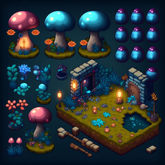 Shroomish Blueish Pinkish Tileset for 2D Game Creation | Game Dev Assets | Generative AI Art