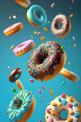 multicolored delicious donuts falling on a blue background, generative ai