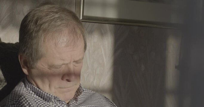 Senior Man Daytime Sleeping Indoors the Sun, Close Up