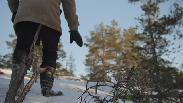 Tired Exhausted Man Walking Through Snowy Winter Forest, Low Angle,Slowmo