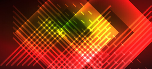 Fototapeta premium Background wallpaper neon glowing lines and geometric shapes. Dark wallpaper for concept of AI technology, blockchain, communication, 5G, science, business and technology