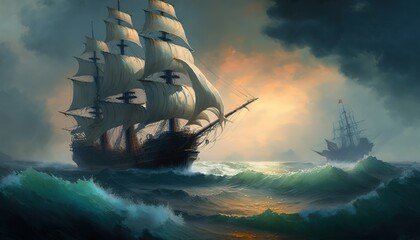 seascape with a ship in the style of Ivan Aivazovskyб generative AI