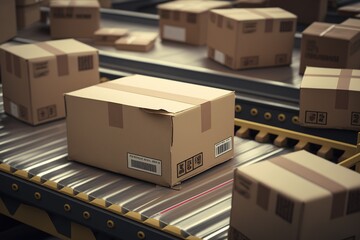 cardboard boxes ride on the delivery conveyor, parcels, generative AI
