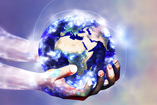 Man hands holding blue earth and global networking connection and data exchanges, global communication network concept, watercolor oil painting effect. Generative Ai