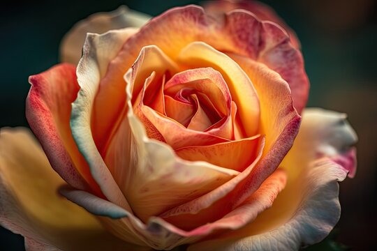 Elegant close up macro image of a rose flowerhead with colors of pastel orange, pink, and combination. Generative AI