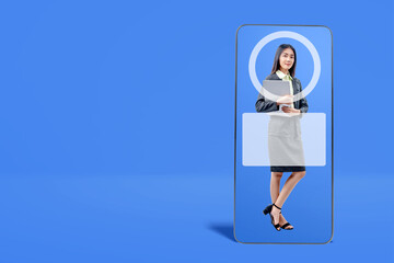 Mobile phone screen with Asian Businesswoman holding a laptop