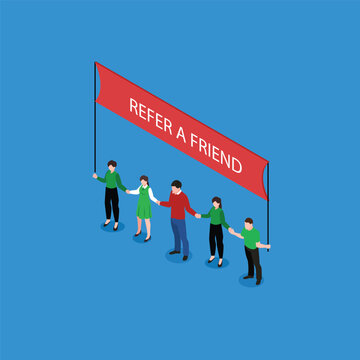 People Holding Refer A Friend Banner 3d Isometric Vector Illustration Concept For Banner, Website, Landing Page, Ads, Flyer Template