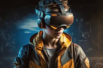 Fototapeta na wymiar teenager in a virtual reality helmet, vr, generative AI