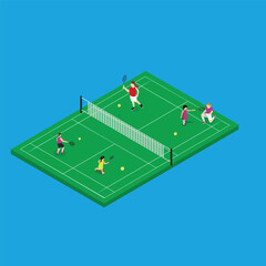 Coaches and children playing at tennis court 3d isometric vector illustration concept for banner, website, landing page, ads, flyer template