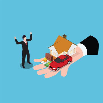 Financial adviser offering house, car, money to business man 3d isometric vector illustration concept for banner, website, landing page, ads, flyer template