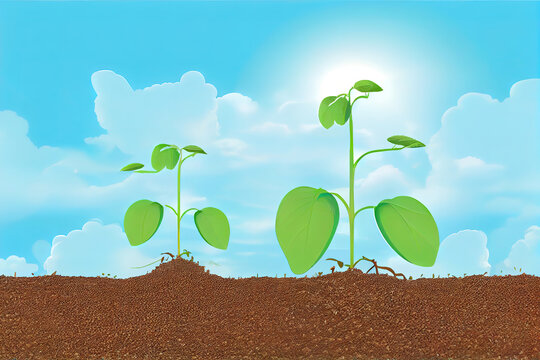 soybean growth in farm with blue sky background. agriculture plant seeding growing step concept. Generative Ai