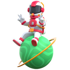 3d rendering - Cartoon Astronaut Sitting on Planet with Peace Sign