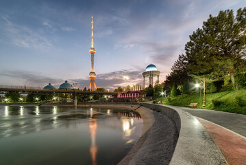 Evening view of Tashkent TV Tower and rotunda in Uzbekistan