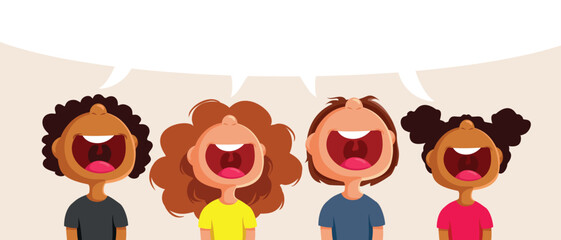 Group of Children Speaking Together at Once Vector Illustration. Happy school kids talking and singing all at the same time
