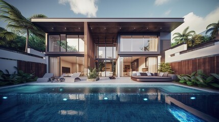 exterior of a modern country house with large windows and a swimming pool, generative AI