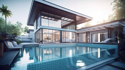 exterior of a modern country house with large windows and a swimming pool, generative AI