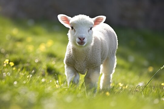 Easter lamb illustration (Ovis gmelini aries). Cute springtime image of a white baby sheep with translucent, fluffy ears. An infant sheep in a large flock was born in Sauerland, Germany, on a beautifu