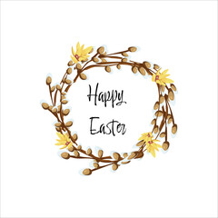 Holy Easter. Cute easter egg, nest, branch and leaves. Eco rustic decoration. Vector flat cartoon illustration. Perfect for poster, print, card, invitation, greeting, tag