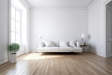Fototapeta na wymiar modern bright interior with white walls, sofa and wooden floor, generative AI