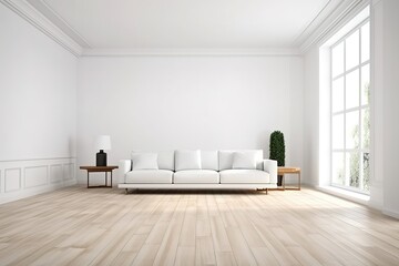 modern bright interior with white walls, sofa and wooden floor, generative AI