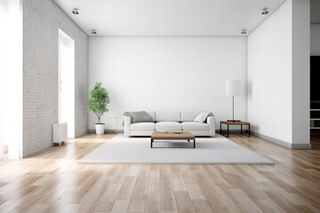 modern bright interior with white walls, sofa and wooden floor, generative AI