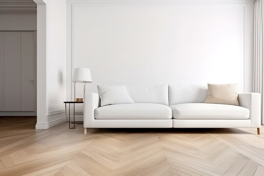 modern bright interior with white walls, sofa and wooden floor, generative AI