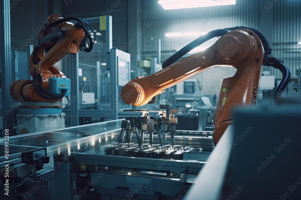 Poster artificial intelligence in a smart factory prototype; industry 4.0 concept. on the assembly line, a 