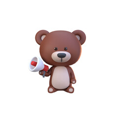 3d rendering of cute bear character holding megaphone marketing illustration