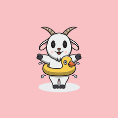 Cute goat with duck float cartoon illustration
