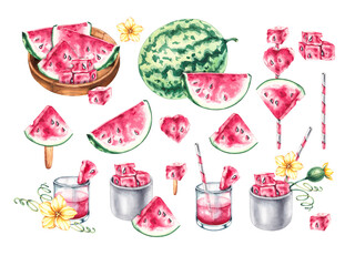 Watercolor set with watermelon, slice, cocktail, canape, plate on a white isolated background