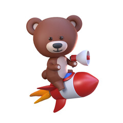 Fototapeta na wymiar 3d rendering of cute bear character riding a rocket with holding megaphone illustration