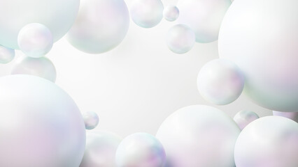 白背景に真珠のような綺麗な複数の球体。コピースペース。（横長）