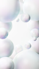 白背景に真珠のような綺麗な複数の球体。背景素材。コピースペース。（縦長）