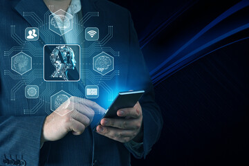 AI, Chat bot and future marketing concept, businessman hand holding cellphone, smartphone with ai infographic. Artificial intelligence concept