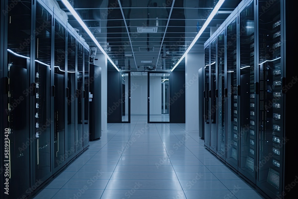 Poster data center with server racks in the room. generative ai