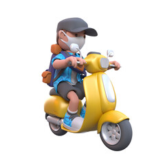 3d rendering - cartoon boy using scooter for traveling