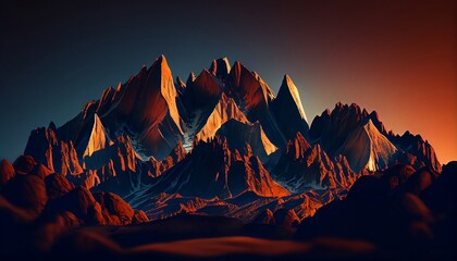 Fototapeta na wymiar a mountain peaks at sunset with a fiery red and orange sky as the backdrop, casting long shadows across the landscape, Generative AI, Illustration
